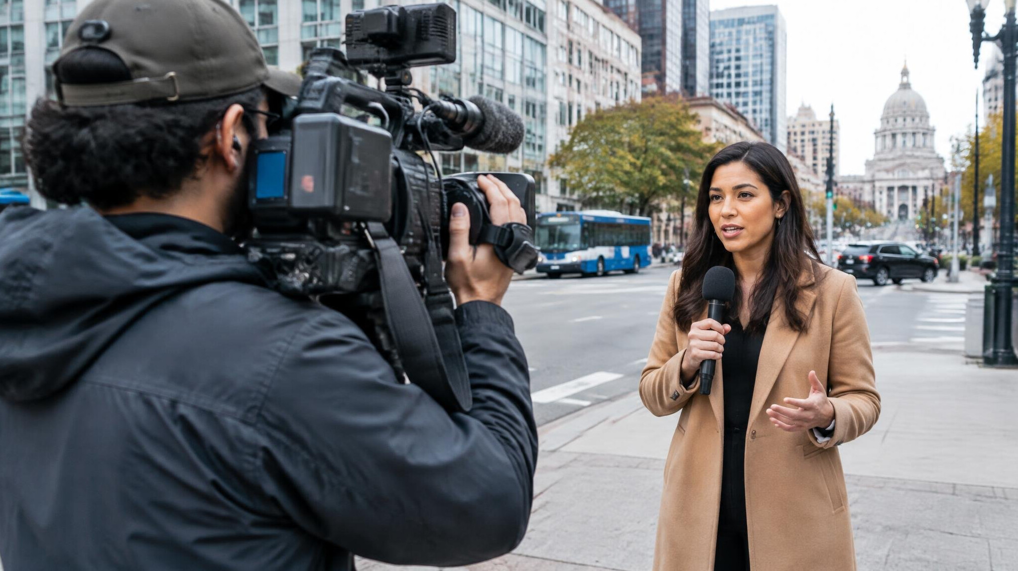 Camera operator filming a field report on location