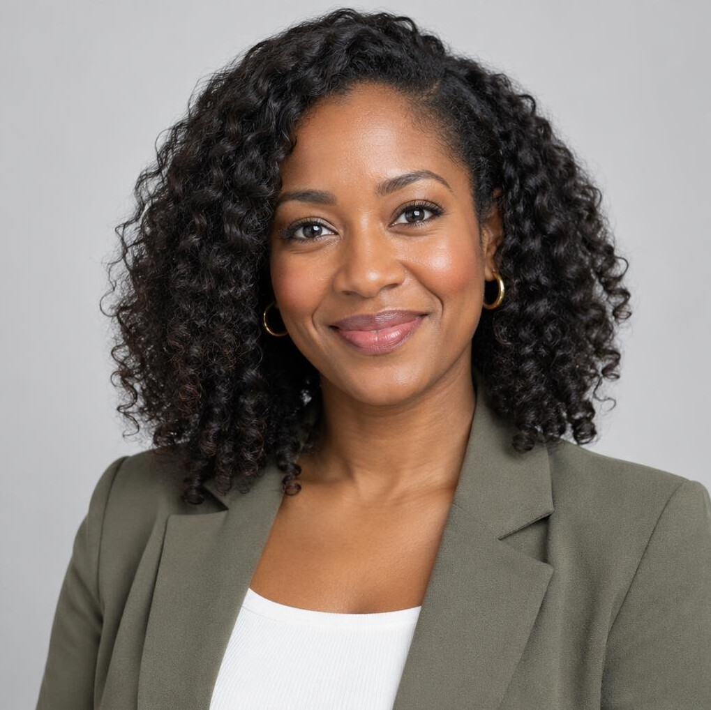 Studio portrait of a Black British woman smiling, professional headshot